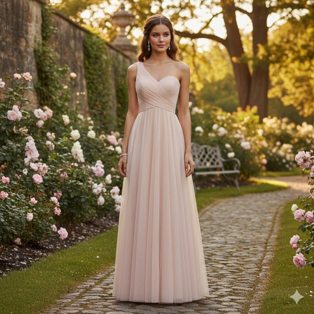 Tulle One-Shoulder Blush Gown